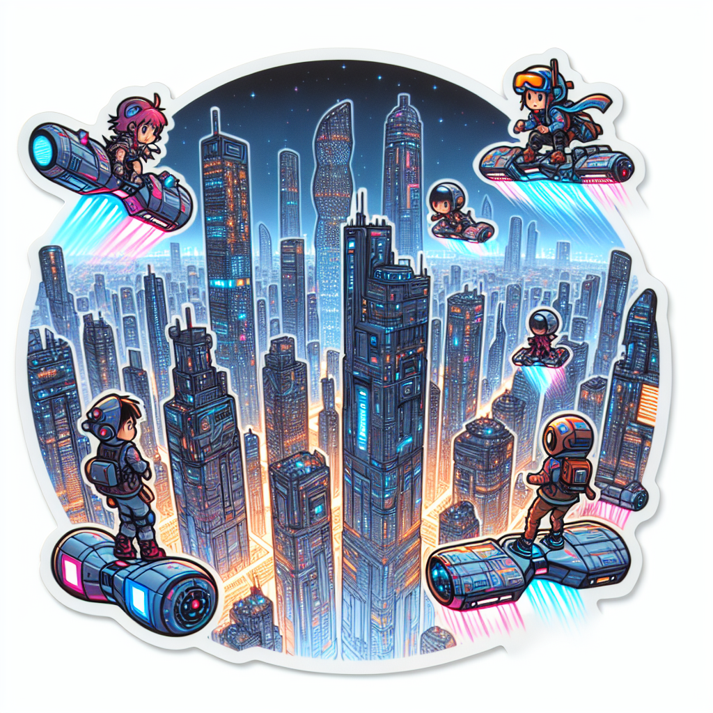 sticker- A skyline of a futuristic city with neon lights and anime characters flying or on hoverboards-anime stickers-1733081630816